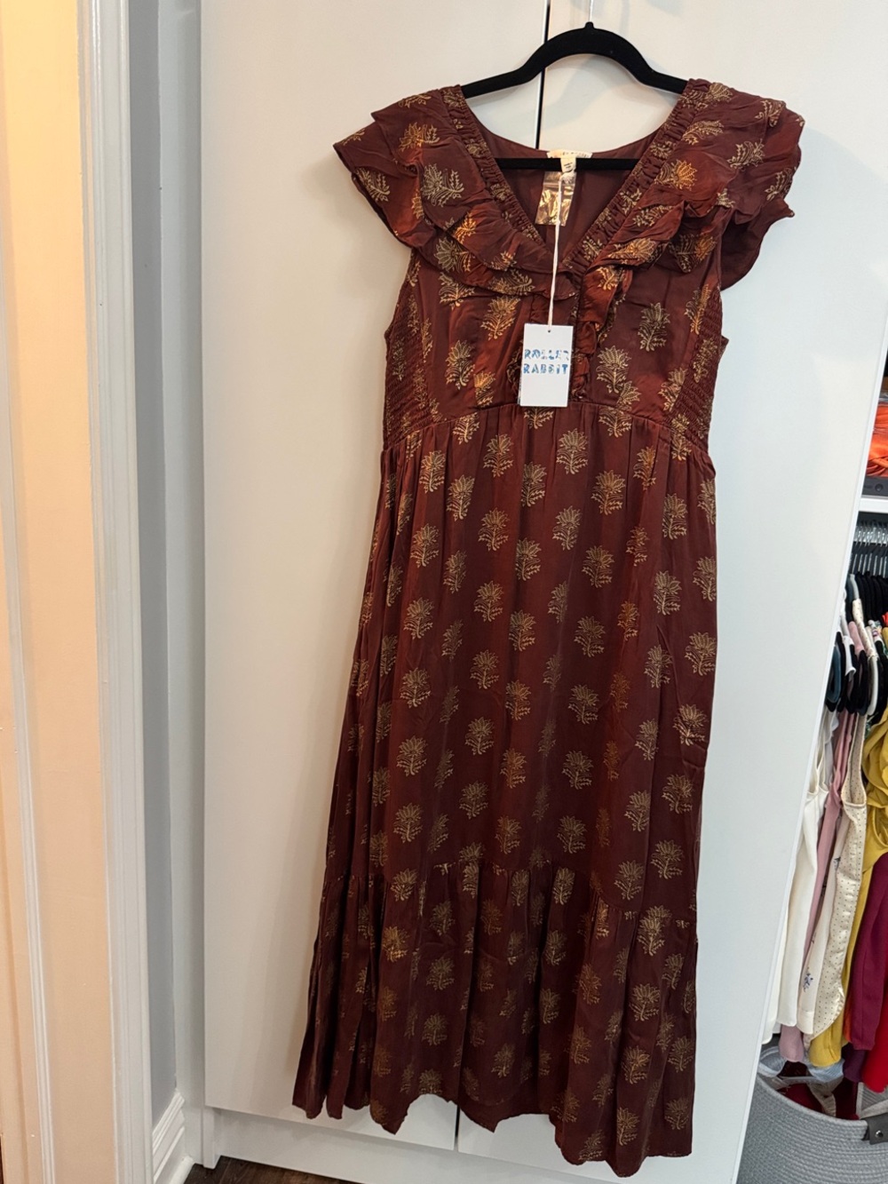 Roller Rabbit Rust Maxi Dress with Gold Botanical Print